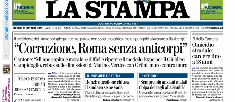 Le prime pagine dei giornali giovedì 29 ottobre 2015