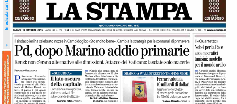 Le prime pagine dei giornali sabato 10 ottobre 2015