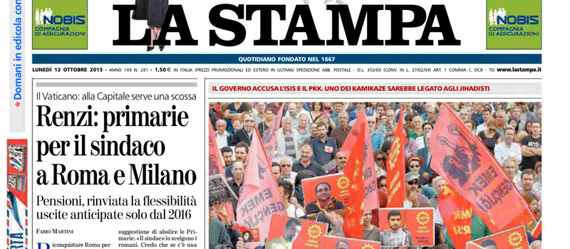 Le prime pagine dei giornali lunedì 12 ottobre 2015