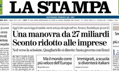 Le prime pagine dei giornali giovedì 15 ottobre 2015