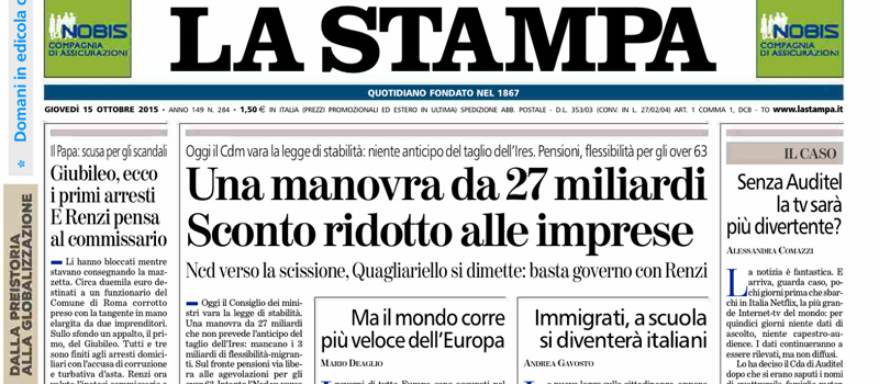 Le prime pagine dei giornali giovedì 15 ottobre 2015