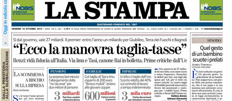 Le prime pagine dei giornali venerdì 16 ottobre 2015