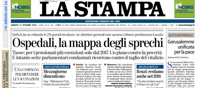 Le prime pagine dei giornali sabato 17 ottobre 2015