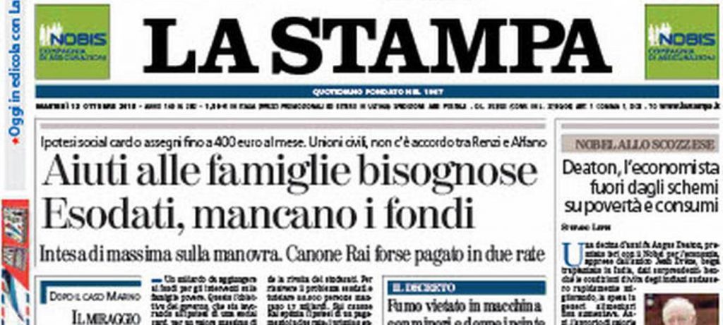 Le prime pagine dei giornali martedì 13 ottobre 2015