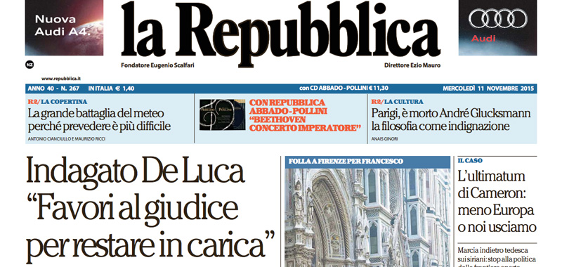 Le prime pagine dei giornali mercoledì 11 novembre 2015