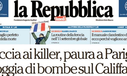 Le prime pagine dei giornali lunedì 16 novembre 2015