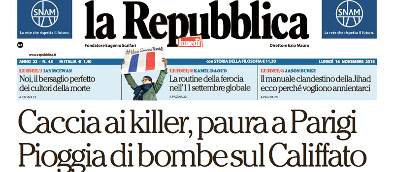 Le prime pagine dei giornali lunedì 16 novembre 2015