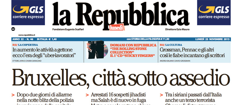 Le prime pagine dei giornali lunedì 23 novembre 2015