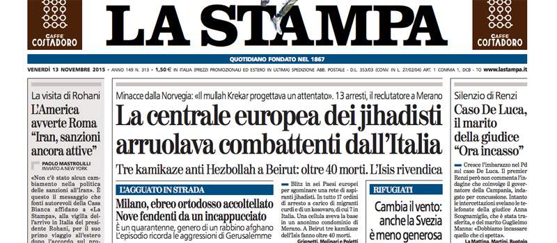 Le prime pagine dei giornali venerdì 13 novembre 2015