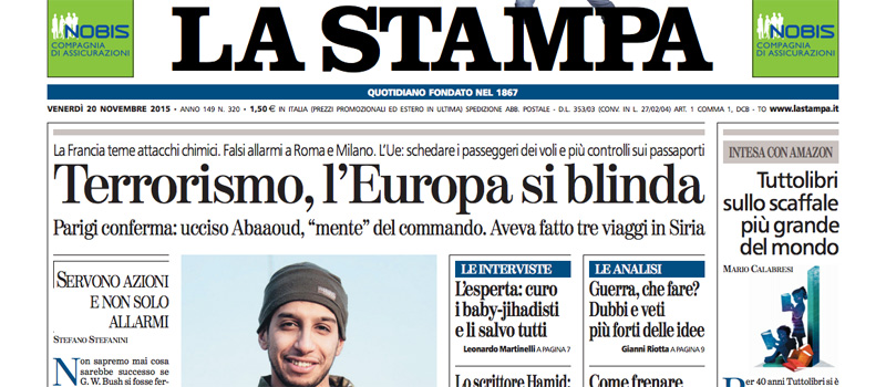 Le prime pagine dei giornali venerdì 20 novembre 2015
