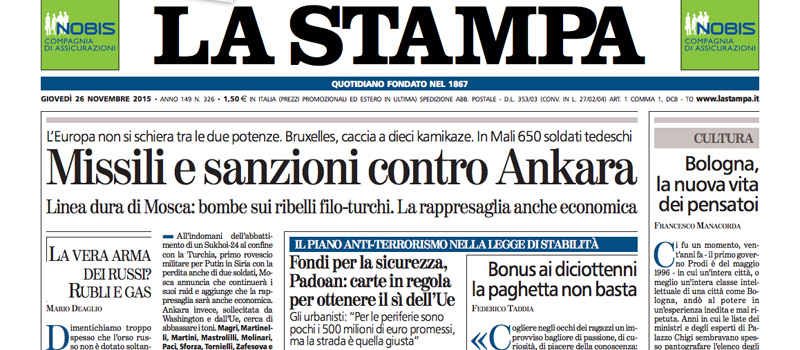 Le prime pagine dei giornali giovedì 26 novembre 2015