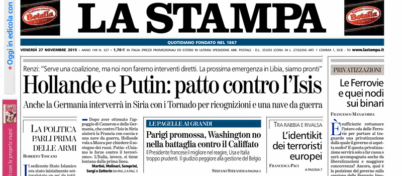 Le prime pagine dei giornali venerdì 27 novembre 2015