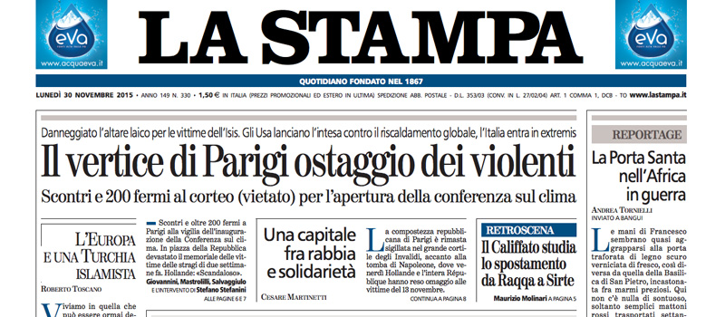Le prime pagine dei giornali lunedì 30 novembre 2015