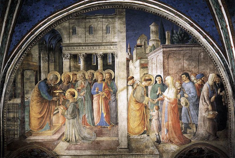00_Santo Stefano riceve il diaconato e distribuisce le elemosine, Beato Angelico, Cappella Niccolina, Vaticano