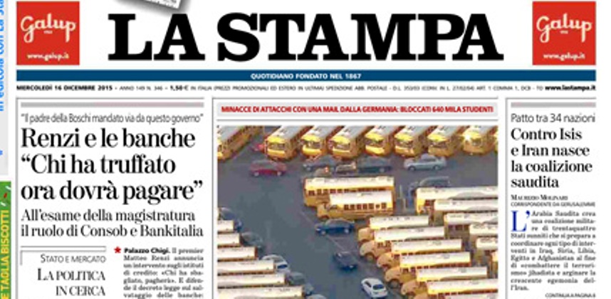 Le prime pagine dei giornali mercoledì 16 dicembre 2015