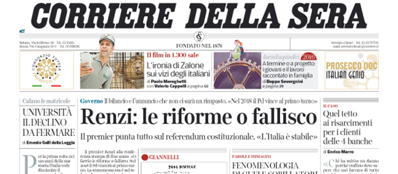 Le prime pagine dei giornali mercoledì 30 dicembre 2015