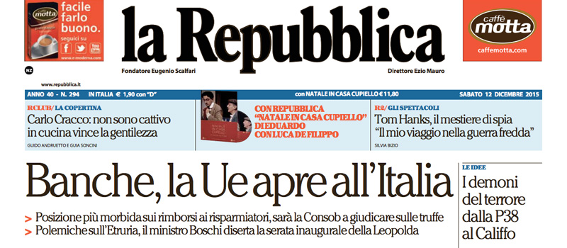 Le prime pagine dei giornali sabato 12 dicembre 2015