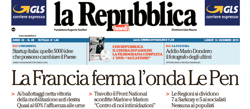 Le prime pagine dei giornali lunedì 14 dicembre 2015