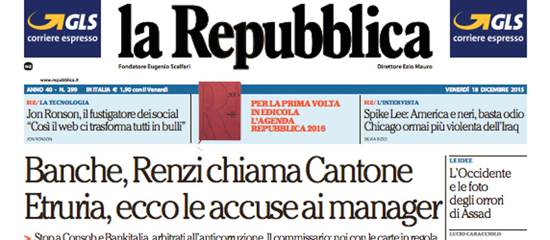 Le prime pagine dei giornali venerdì 18 dicembre 2015