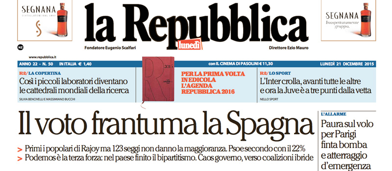 Le prime pagine dei giornali lunedì 21 dicembre 2015