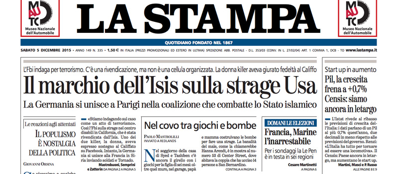 Le prime pagine dei giornali sabato 5 dicembre 2015