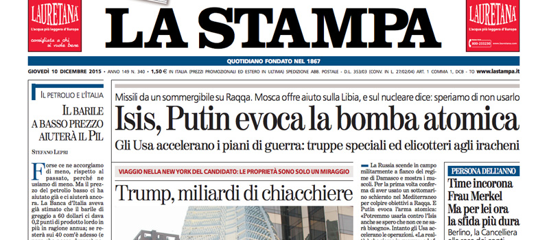 Le prime pagine dei giornali giovedì 10 dicembre 2015