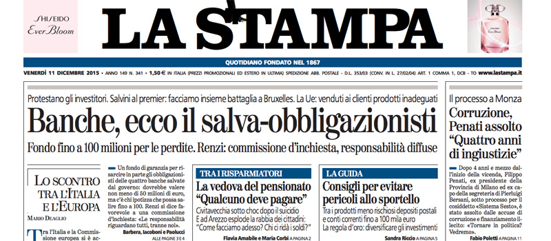 Le prime pagine dei giornali venerdì 11 dicembre 2015