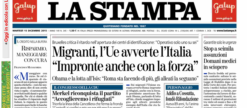 Le prime pagine dei giornali martedì 15 dicembre 2015