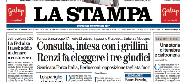 Le prime pagine dei giornali giovedì 17 dicembre 2015