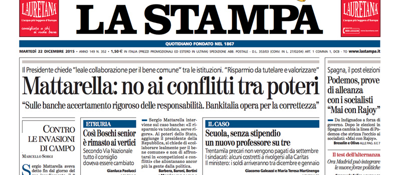 Le prime pagine dei giornali martedì 22 dicembre 2015