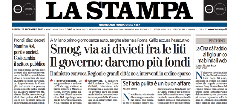 Le prime pagine dei giornali lunedì 28 dicembre 2015