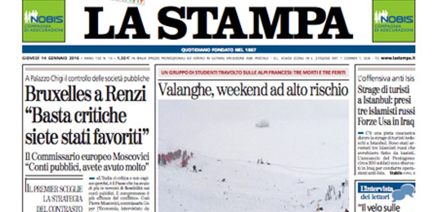 Le prime pagine dei giornali giovedì 14 gennaio 2016