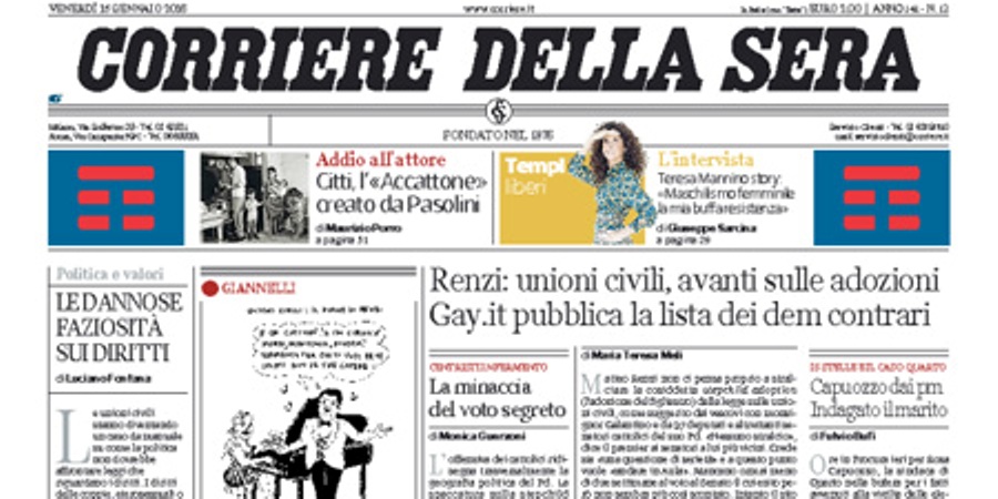 Le prime pagine dei giornali venerdì 15 gennaio 2016
