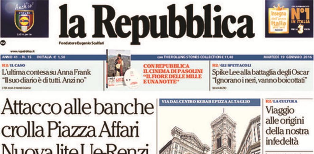 Le prime pagine dei giornali mercoledì 20 gennaio 2016