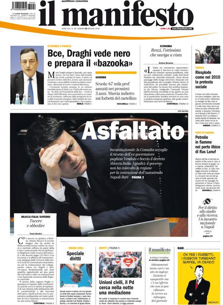 [NAZIONALE - 1] MANIFESTO/PRIMAPAGINA/PAG01 ... 22/01