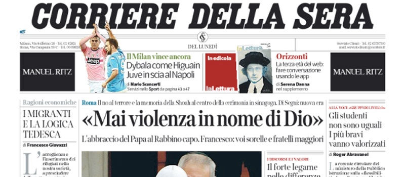 Le prime pagine dei giornali Lunedì 18 gennaio 2016