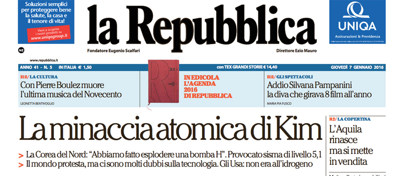 Le prime pagine dei giornali giovedì 7 gennaio 2016