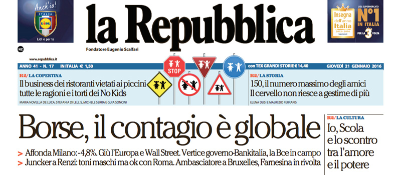 Le prime pagine dei giornali giovedì 21 gennaio 2016