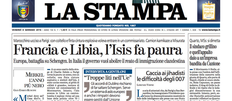 Le prime pagine dei giornali venerdì 8 gennaio 2016
