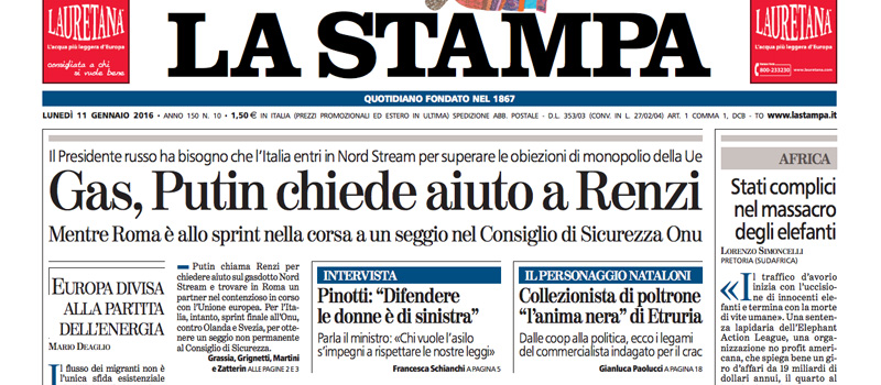 Le prime pagine dei giornali lunedì 11 gennaio 2016