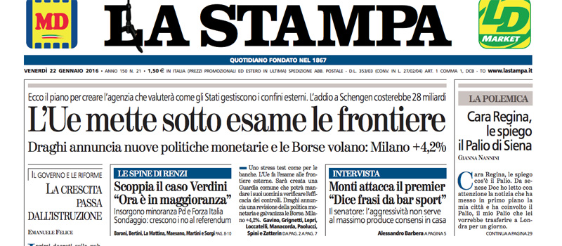Le prime pagine dei giornali venerdì 22 gennaio 2016