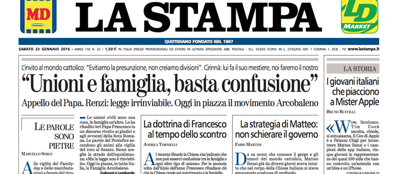 Le prime pagine dei giornali sabato 23 gennaio 2016