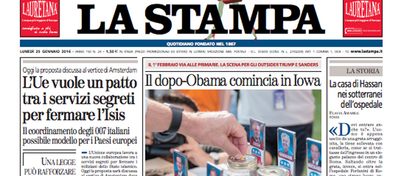 Le prime pagine dei giornali lunedì 25 gennaio 2016
