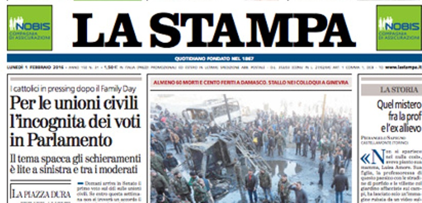 Le prime pagine dei giornali lunedì 1 febbraio 2016