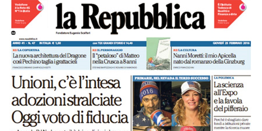 Le prime pagine dei giornali giovedì 25 febbraio 2016