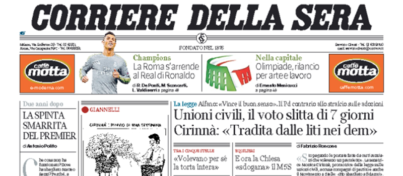 Le prime pagine dei giornali giovedì 18 febbraio 2016