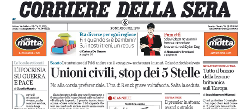 Le prime pagine dei giornali mercoledì 17 febbraio 2016