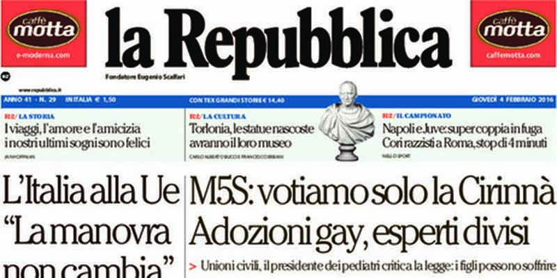 Le prime pagine dei giornali giovedì 4 febbraio 2016