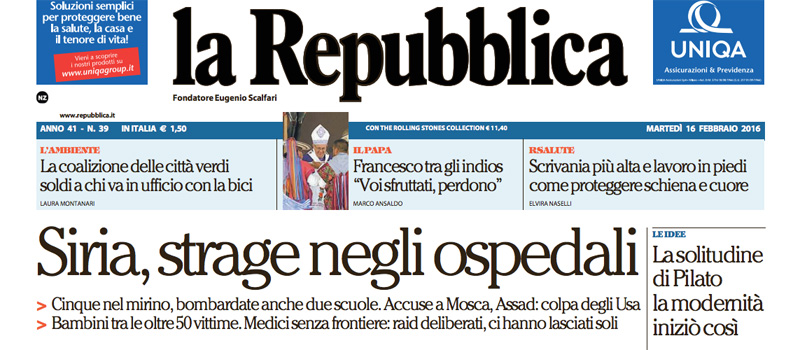 Le prime pagine dei giornali martedì 16 febbraio 2016