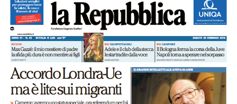 Le prime pagine dei giornali sabato 20 febbraio 2016